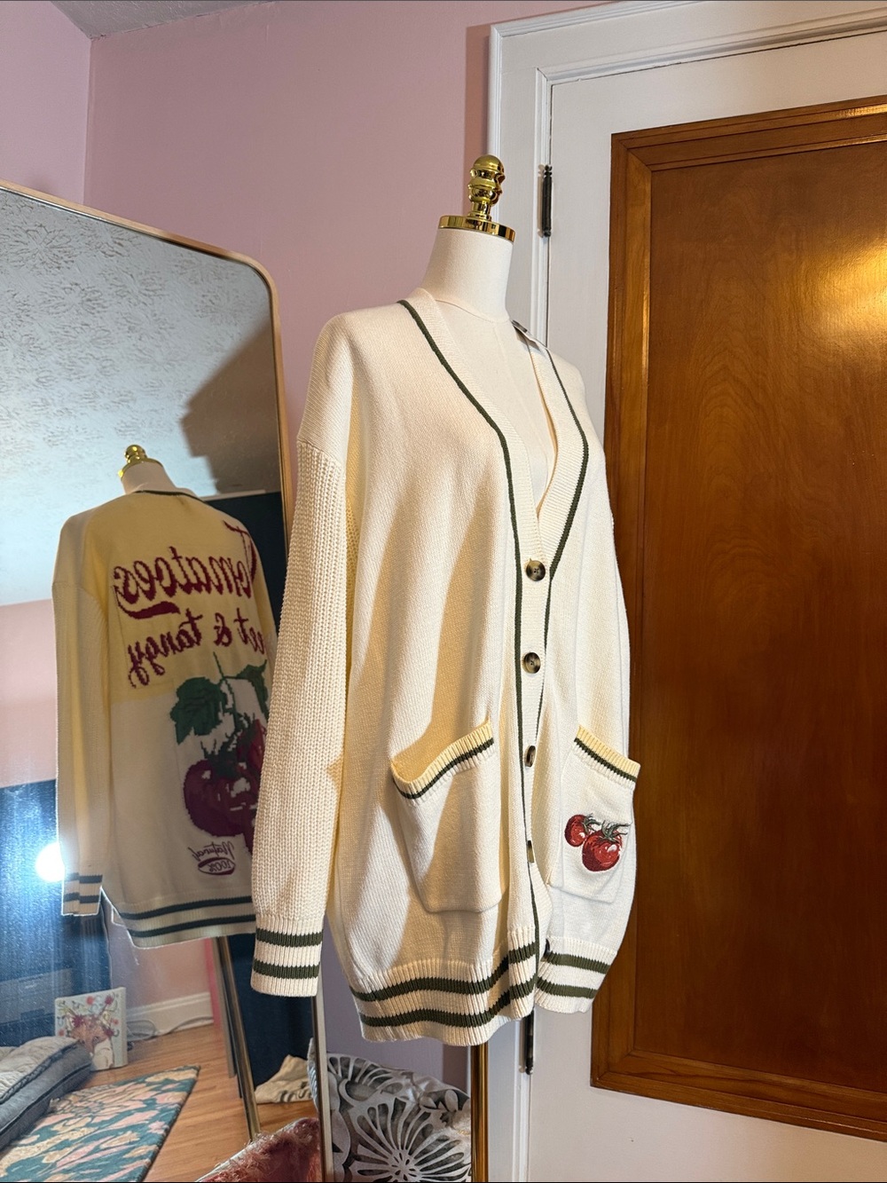 Cream Button-Front Cardigan with Green Trim and tomatoes sweet and tangy - Picture 3 of 4
